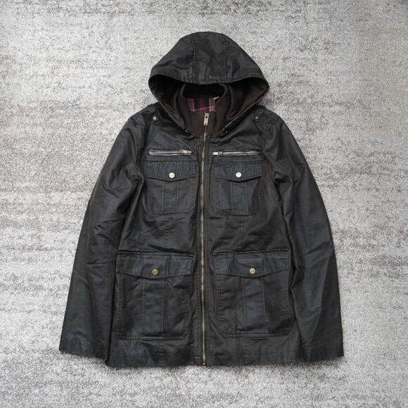 GUESS Mens M Brown Antique Distressed Workwear Utility‎ Chore Jacket Hood Lined - Picture 1 of 8